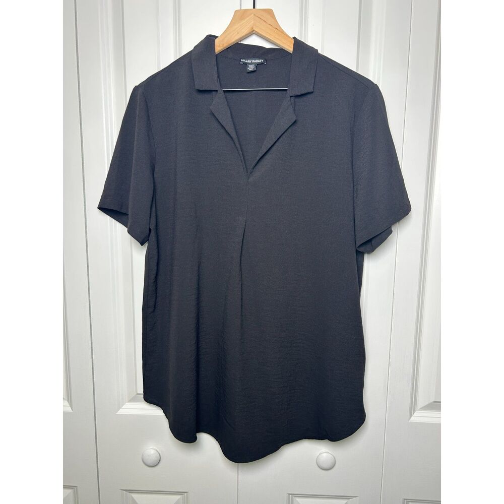 Hilary Radley Black Short Sleeve V-Neck Collared Blouse Size Medium